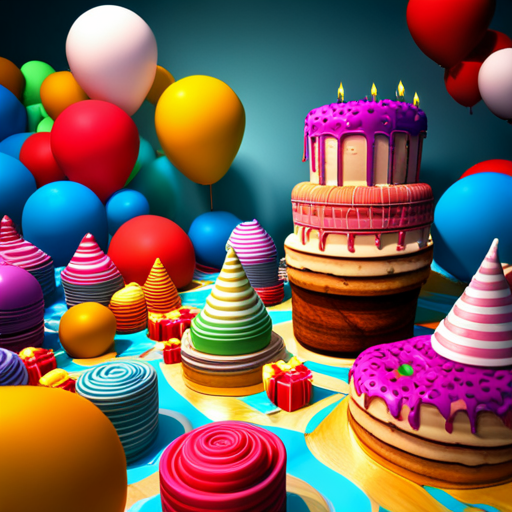 birthday, celebration, 3D, digital sculpture, colorful, balloons, candles, cake, party, festive, joy, happiness