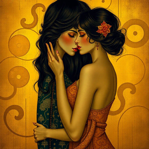 erotic, sensual, exploration, passion, Gustav Klimt, Art Nouveau, golden hues, abstract forms, flowing curves, intimate gaze, chiaroscuro, high contrast, vibrant palette, intricate patterns, delicate lines, expressive brushwork, atmospheric depth, soft textures, alluring atmosphere, romantic essence, emotional intensity, timeless beauty, human form, cultural symbolism, intimate composition, evocative details, tactile realism, suggestive movement, harmonious design