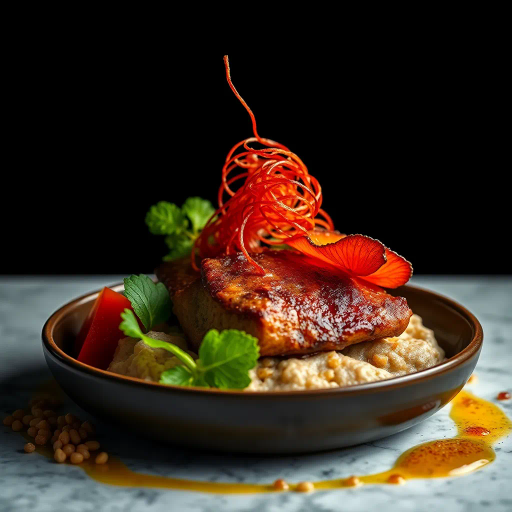 hyper-realistic, culinary artistry, still life, vibrant colors, succulent textures, food photography, gourmet presentation, chiaroscuro lighting, rich detail, natural composition, culinary textures, food stylization, glossy surfaces, nuanced hues, modern aesthetic, exquisite plating, artisanal craftsmanship, gourmet indulgence, food as art, visual feast, sumptuous presentation, high contrast, appetizing visual, culinary elegance, masterful precision, dynamic balance, contemporary influence, evocative design, culinary allure, intricate detailing, sophisticated arrangement, opulent setting, stylistic innovation, immersive atmosphere