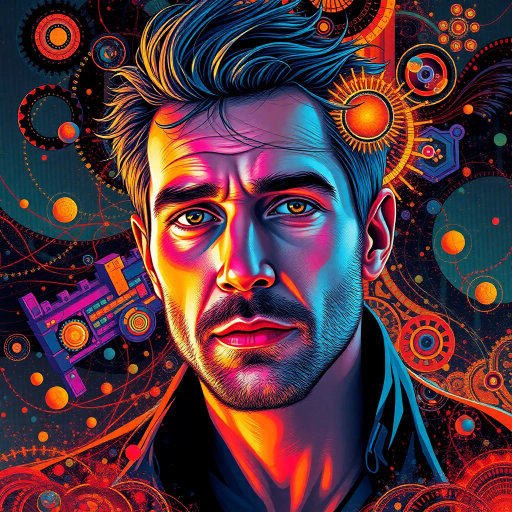 futuristic, portrait of Mike, vibrant colors, surrealism, intricate patterns, digital brushstrokes, warm lighting, ethereal atmosphere, high contrast, intricate details, Gustav Klimt inspiration, abstract composition, dynamic movement, expressive emotions, cybernetic elements, cosmic background, dreamlike quality, flowing lines, organic shapes, expansive space, imaginative symbolism, contemporary influences
