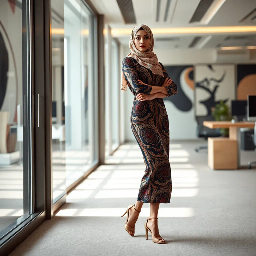 Arab woman, elegant hijab, professional setting, modern workplace, high heels, Middle Eastern culture, contemporary art, intricate patterns, vibrant colors, soft lighting, dynamic pose, cultural expression, delicate fabrics, office environment, confident demeanor, sophisticated fashion, grace and poise, diverse representation, cultural fusion, empowerment, modernism, Impressionism influences, human form, balance and harmony, Henri Matisse, modern elegance, intricate textile patterns, vibrant aesthetic, global influence, artistic expression, dignity and strength, atmospheric composition, elegant lines, harmonious palette, seamless integration, modern artistry