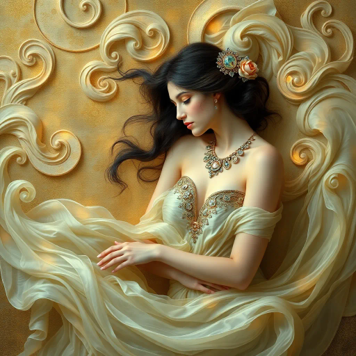 surreal, ethereal, timeless elegance, Gustav Klimt, Art Nouveau, flowing curves, soft lighting, pastel hues, Renaissance, delicate textures, elegant composition, dreamlike atmosphere, symbolic, feminine grace, chiaroscuro, intimate setting, sensuality, muted tones, baroque influences, detailed, emotional depth, harmonious balance, ornate embellishments, idyllic scene, captivating presence