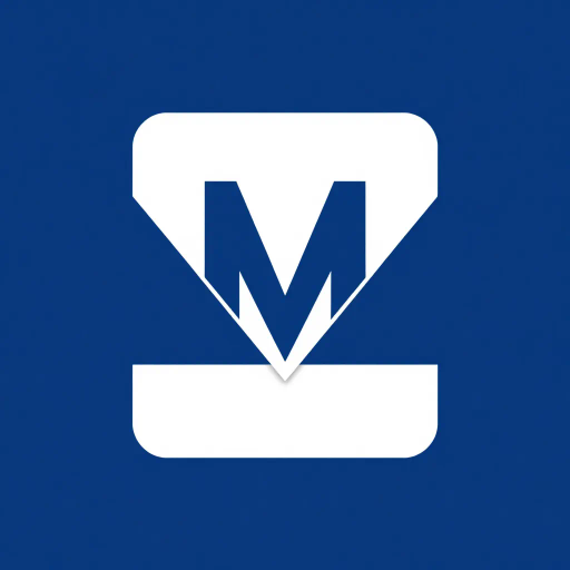 minimal M logo, perspective convergence, depth, hierarchy, solid indigo blue, geometric, modern tech design, flat vector, white background, Bauhaus influences, clean lines, symmetry, contemporary aesthetics, spatial innovation, futurism, precision, abstraction, innovative branding, structural elegance