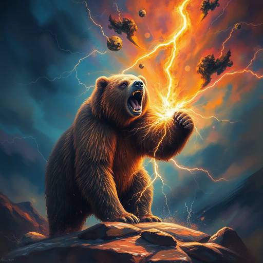 majestic bear, struck by lightning, dynamic energy, vibrant electric blues and purples, ethereal glow, dramatic sky, Surrealism, Salvador Dalí influence, mystical forest setting, chiaroscuro lighting contrasts, fluid motion, heroic and powerful, nature's fury, awe and wonder, intricate fur texture, dramatic scale, mythical ambiance, symbolic transformation, timeless wilderness, emotional intensity, elemental forces, narrative depth, allegorical representation