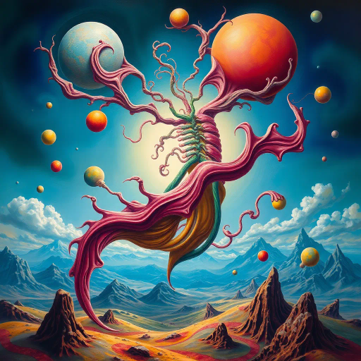 surreal exploration, anatomical abstraction, Salvador Dali, organic forms, intricate curves, fluid movement, dreamlike landscape, vibrant colors, soft textures, symbolic representation, transcendence, imaginative realms, juxtaposition, luminescent glow, ethereal atmosphere, visual metaphor, contemporary twist, boundary exploration, conceptual depth, existential themes, mythical inspiration, creative re-imagination
