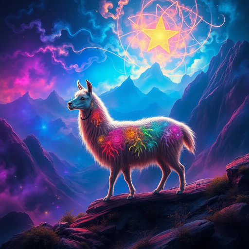mystical llama, ethereal landscape, vibrant colors, surreal lighting, intricate patterns, dreamlike atmosphere, fantasy setting, imaginative realm, grandiose scale, flowing textures, dynamic movement, mythical creature, South American folklore, enchanted aura, luminescent glow, magical realism, whimsical scenery, fantastical composition, enchanting silhouette, mysterious depths, visual storytelling, Andres Amador influences, vibrant hues, vivid imagination