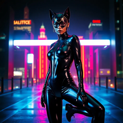 sleek catsuit design, high fashion, futuristic elements, vibrant neon lighting, dynamic pose, bold composition, metallic textures, sci-fi influence, Joan Miró inspiration, night cityscape, cyberpunk aesthetics, mysterious mood, playful elegance, abstract forms, intricate detailing, avant-garde style, fluid movements, bold color contrasts, surreal presentation, depth and layering, unconventional materials, reflections and shadows, elegant silhouette, imaginative realm, Salvador Dali, dreamlike atmosphere, geometric precision, fluid dynamics, visual storytelling, abstract surrealism, enigmatic expressions, ethereal glow, kaleidoscopic patterns, reflective surfaces, overlapping dimensions, contrasting hues, multidimensional perspective, spatial depth, imaginative narrative