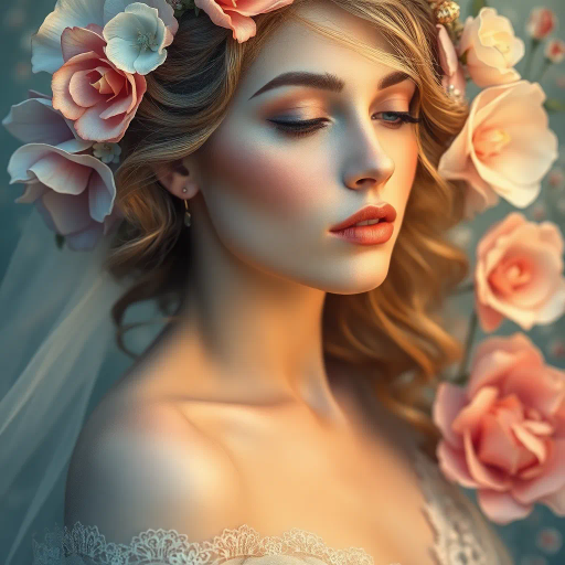 elegant, ethereal beauty, inspired by alfons mucha, art nouveau, soft pastels, delicate curves, intricate details, flowing lines, divine femininity, serene expressions, luminous skin, gentle allure, classic elegance, timeless grace, floral motifs, romanticism, subtle sensuality, ambient glow, sophisticated charm, natural form, organic textures, soft focus, harmonious design, intimate portraiture, visual poetry, artistic refinement