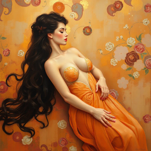 sensual expressionism, Gustav Klimt, soft pastels, ambient lighting, intimate composition, warm hues, silky textures, oil painting, romantic allure, renaissance influences, gentle curves, flowing movements, cultural elegance, large scale, tactile surfaces, mythological symbolism, ethereal space, timeless beauty, meticulous detail, evocative mood, delicate brushstrokes, provocative presentation, harmonious balance, artistic exploration