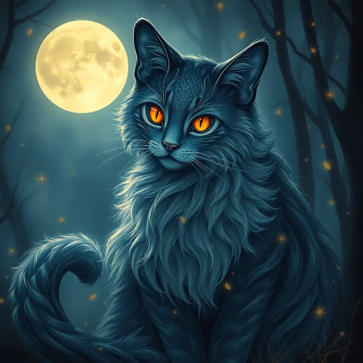 mystical feline, ethereal presence, detailed fur, glowing eyes, surreal environment, enchanted forest, moonlit night, soft shadows, intricate patterns, Gustav Klimt inspiration, Art Nouveau influence, subtle gold highlights, whimsical, dreamlike, mysterious aura, magical realism, delicate brushstrokes, luminescent colors, twilight ambiance, mythical creature, elegant posture, flowing forms