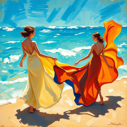 elegant figures, beach scene, vibrant sunlight, azure waters, flowing fabric, Henri Matisse, impressionism, contemporary allure, warm hues, dynamic composition, summer breeze, leisurely grace, chromatic harmony, tranquil ambiance, fluid lines, art deco influences, intimate scale, ethereal light, cultural richness, playful interaction, Mediterranean essence, soft brush strokes