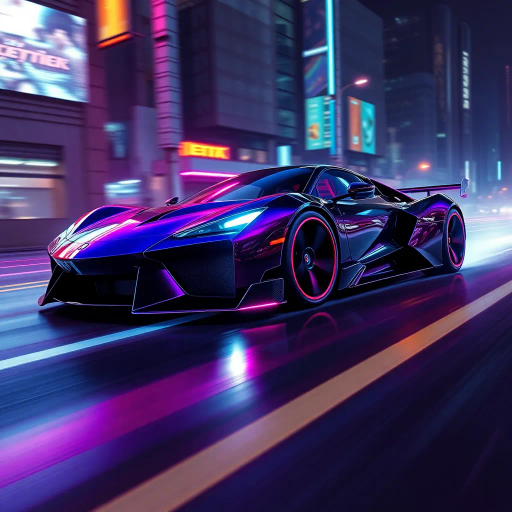 futuristic car design, sleek lines, chrome finish, vibrant neon highlights, dramatic lighting, dynamic movement, aerodynamic shape, retro-futurism, precision engineering, urban environment, concept art, high-tech materials, hyper-realistic detailing, modern aesthetics, speed and agility, metallic textures, ambient atmosphere, avant-garde composition, illuminated cityscape, art deco influences