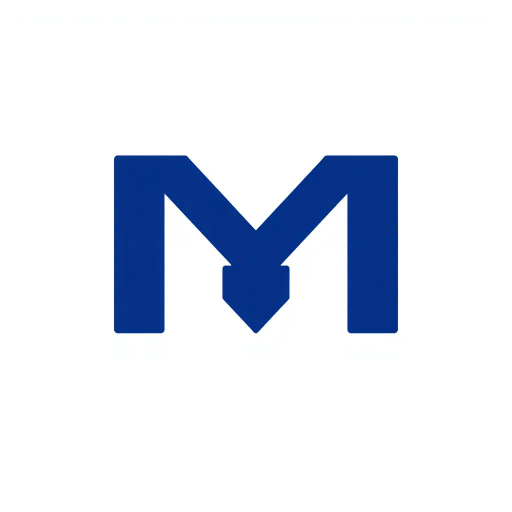 bold M logo mark, solid geometric letter, structured layers, subtle thin horizontal connector lines, indigo on white, modern minimal SaaS branding, flat vector, modernist simplicity, Bauhaus influence, clean design, minimalist aesthetics, structured composition, primary color palette, geometric precision, visual balance, negative space utilization, corporate identity, digital branding, contemporary design language, clarity in form