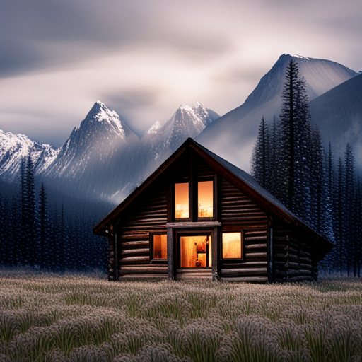 snow-covered mountain, cozy cabin, winter landscape, glowing fireplace, starry sky, snowy trees, soft lighting, rustic wood decor, mountain range, retreat, tranquility