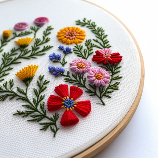 embroidery pattern, wildflower meadow, floral motifs, delicate stitches, intricate detailing, vibrant colors, nature-inspired, handmade, textile art, organic shapes, traditional craft, vintage aesthetic, botanical elements, floral composition, intricate patterns, textile design, artistic embellishments, line-art, digital-art