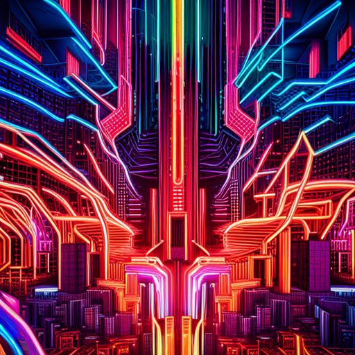 futuristic, artificial intelligence, data visualization, neon colors, generative art, complex patterns, glitch art, cyberpunk, machine learning, wires and circuits, abstract expressionism