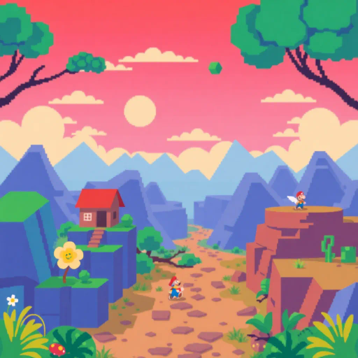 nostalgia, pixelated adventure, retro aesthetics, vibrant primary colors, 8-bit scenery, blocky landscapes, pixel characters, limited color palette, vintage video games, chiptune music, 1980s influence, low resolution, pixel precision, Mario Bava lighting, simplistic geometry, playful scene, digital nostalgia, arcade era, dynamic framing, minimalist expression