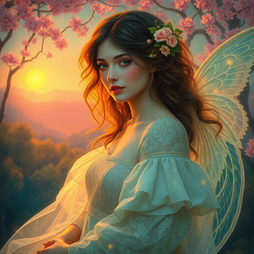 ethereal maiden, surreal ambiance, ethereal glow, delicate features, romanticism, art nouveau, vibrant pastels, luminescent lighting, whimsical dreamscape, serene expression, flowing gown, intricate lace patterns, Gabriel Rossetti, lush landscapes, transcendental aura, harmonious composition, enchanted forest, soft brushstrokes, timeless elegance, ethereal presence