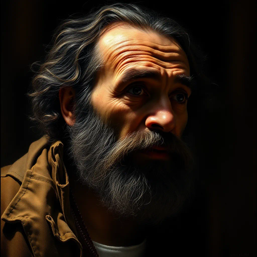 hyper-realism, Gustave Courbet, chiaroscuro, Renaissance revival, luminous highlights, intricate details, vibrant color palette, natural textures, dynamic composition, emotive expressions, human experience, atmospheric perspective, cultural depth, ethereal realism, vivid narrative, classical techniques, life-like portrayal, modern interpretation, symbolic elements, sophisticated brushwork, timeless essence, thoughtful framing, subtle gradients, evocative mood, refined precision, balance and harmony, layered storytelling, immersive ambiance, visual depth