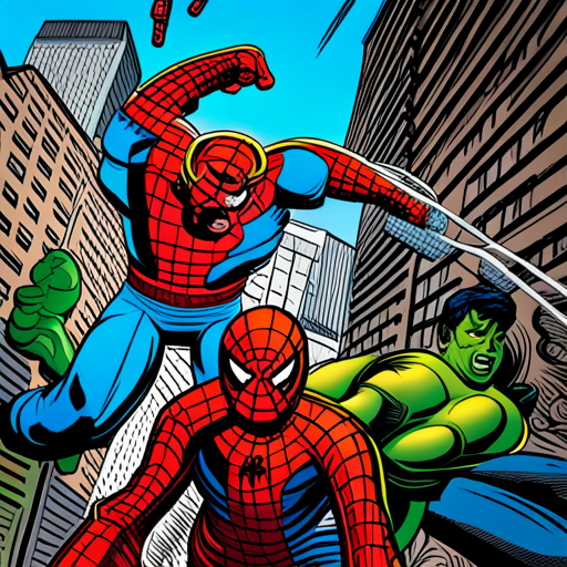 hulk, spiderman, superheroes, Marvel, action, dynamic, vibrant colors, bold lines, intense, powerful, strength, conflict, heroism, comic book art, Stan Lee, Jack Kirby, Pop Art, Golden Age, Silver Age, primary colors, motion lines, energy, ink, pen and ink, graphic storytelling, panel layout, superhero battles, iconic poses, splash pages, word balloons, sound effects, exaggerated perspectives, hidden messages, moral dilemmas, social commentary, larger-than-life characters, dynamic composition, high contrast, halftone dots, dynamic movement, artistic influences, iconic imagery