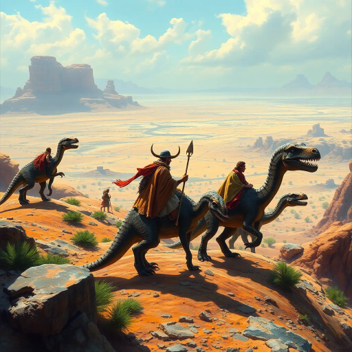 grand panoramic view, men dressed in animal skins, riding dinosaurs, oasis setting, distant desert vista, prehistoric era, adventure, vivid colors, John Howe, dynamic composition, fantasy realism, high level of detail, cultural influences, imaginative scene, warm sunlight, expansive space, sense of wonder, storytelling, ancient landscape, otherworldly atmosphere, rugged terrain, textural contrast, dramatic perspective, visual narrative