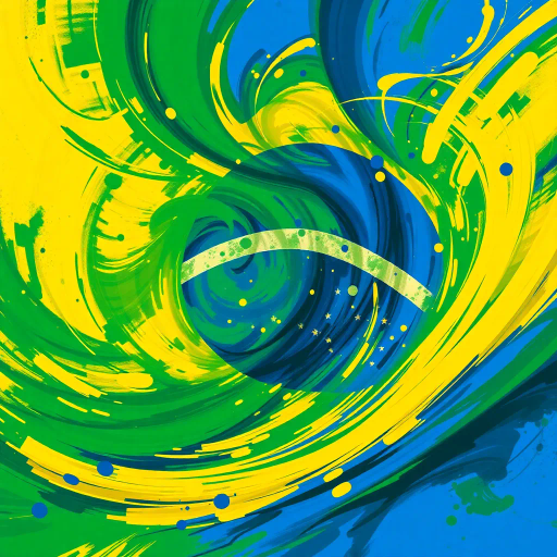 vibrant Brazilian flag, swirling colors, dynamic movement, tropical influences, modern digital techniques, vivid greens, deep yellows, royal blues, abstract expressionism, colorful splashes, textured layering, cultural richness, iconic symbolism, national pride, rhythmic patterns, energetic composition, oval forms, contemporary interpretation, lively atmosphere, digital brushstrokes, experimental canvas, immersive scale, seamless blend, harmony and unity, historical resonance, artistic celebration