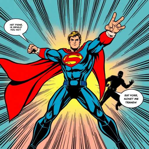 dynamic superhero, comic panels, bold lines, dramatic shadows, vibrant colors, 1960s retro, pop art influences, exaggerated expressions, movement lines, classic heroes, action-packed, larger-than-life, hero's journey, adventurous spirit, epic scale, iconic poses, graphic novel, vintage comic aesthetics, sequential storytelling, humorous undertones