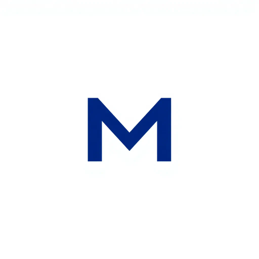 minimal M logo, perspective convergence, depth, hierarchy, solid indigo blue, geometric, modern tech design, flat vector, white background, Bauhaus influences, clean lines, symmetry, contemporary aesthetics, spatial innovation, futurism, precision, abstraction, innovative branding, structural elegance
