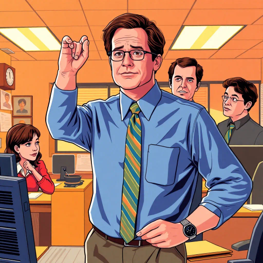 The Office, satirical humor, vibrant illustrations, Steve Carell, ensemble cast dynamics, mockumentary aesthetics, quirky everyday scenarios, work environment satire, subtle irony, character interactions, Michael Scott, Dunder Mifflin setting, Scranton locale, Pennsylvania charm, documentary filming techniques, 2000s television flair, comedic timing mastery, deadpan expressions, cultural impact, paper company theme, witty banter, office antics, relatable humor, office supplies motifs, Jim Halpert's wit, Pam Beesly's charm, Dwight Schrute's eccentricity, team dynamics, fluorescent lighting ambiance, mundane yet charming narrative, unconventional angles, workplace relationships, pop-art influence, vibrant color palette, character-driven narrative