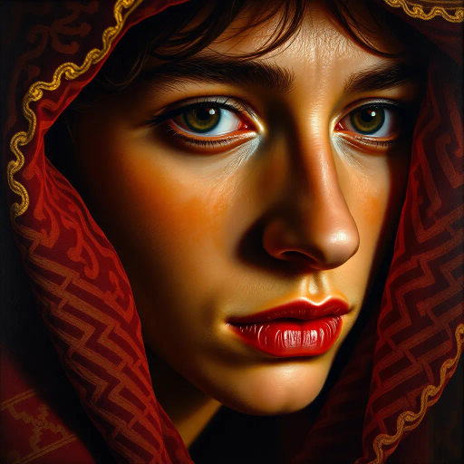 hyper-realism, detailed textures, chiaroscuro lighting, vibrant colors, Rembrandt influence, meticulous detail, natural light, atmospheric depth, emotional resonance, lifelike depiction, intricate composition, smooth gradients, realistic textures, expressive portraits, soft focus, dimensional accuracy, dynamic range, capturing essence, high detail, refined realism