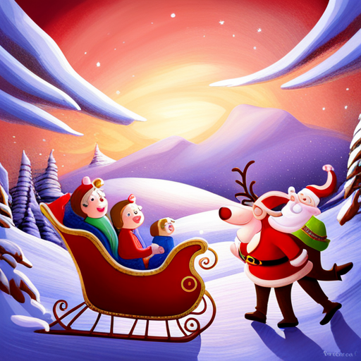 reindeer, santa, delivering presents, winter, holiday, magical, flying, sleigh, chimney, snowy landscape, festive, joy, gift-giving, red-nosed, Rudolph, Santa Claus, jolly, elves, workshop, snowflakes, starry night, Christmas