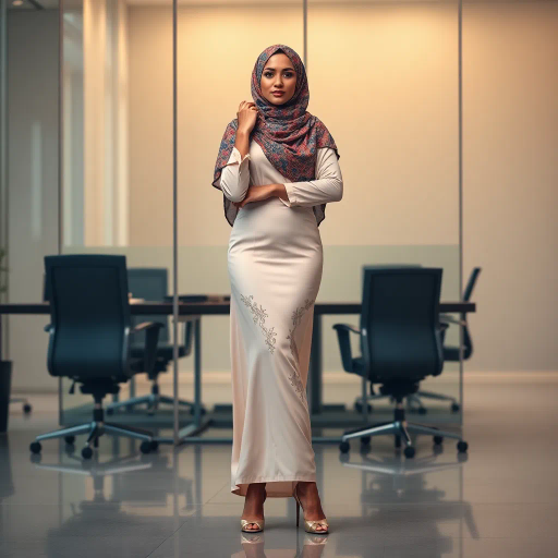 Arab woman, elegant hijab, professional setting, modern workplace, high heels, Middle Eastern culture, contemporary art, intricate patterns, vibrant colors, soft lighting, dynamic pose, cultural expression, delicate fabrics, office environment, confident demeanor, sophisticated fashion, grace and poise, diverse representation, cultural fusion, empowerment, modernism, Impressionism influences, human form, balance and harmony, Henri Matisse, modern elegance, intricate textile patterns, vibrant aesthetic, global influence, artistic expression, dignity and strength, atmospheric composition, elegant lines, harmonious palette, seamless integration, modern artistry