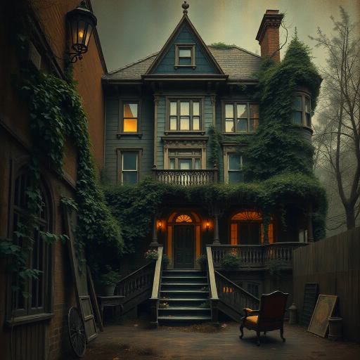 vintage architecture, abandoned Victorian mansion, rustic nostalgia, overgrown ivy, Impressionist influence, Edward Hopper, Tim Burton, warm earth tones, chiaroscuro lighting, dramatic lighting, textured surfaces, soft brush strokes, emotional depth, historical ambiance, melancholic mood, natural decay, timelessness, storytelling through space, intimate setting, muted palette, artistic narrative, intricate woodwork, dark and moody, gothic architecture, surrealism, cobweb textures, hidden mysteries, eerie stillness, romantic ruin, Victorian era, antique furniture, faded opulence, high detail, atmospheric depth, dilapidated elegance, mystery and allure, ethereal, dreamlike, twilight hues, sepia tones, forgotten history, immersive narrative, fantasy, magical realism, enigmatic, rich symbolism, Baroque influences, serenity, atmospheric composition, classic charm, storytelling, melancholic nostalgia, emotional depth, cozy atmosphere, William Turner, artistic decay, artistic intent, intricate detail