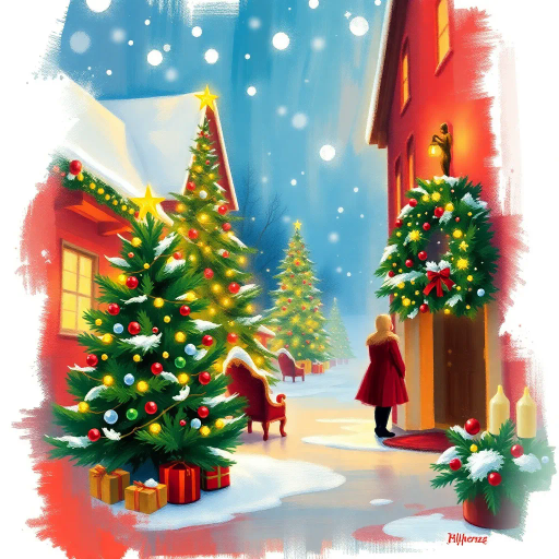 Christmas, holiday spirit, festive atmosphere, warm glow, impressionism, vibrant colors, snowy landscapes, twinkling lights, Charles Dickens era, traditional decorations, joyous celebration, cozy interiors, brushstroke texture, light and shadow play, family gatherings, nostalgic elements, whimsical, serene mood, detailed patterns, red and green palette, classic charm, cultural traditions, December ambiance, storytelling through imagery, peaceful winter scenes