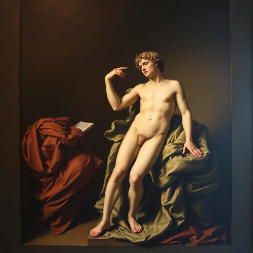 majestic portrait, enigmatic character, Johann Heinrich Füssli influence, chiaroscuro lighting, muted color palette, intricate textures, introspective mood, Renaissance era, dynamic pose, mythical symbolism, emotional depth, surreal elements, timeless contemplation, golden ratio composition, oil painting imitation, detailed facial expressions, dramatic shadows, ethereal atmosphere, introspective gaze, layered brushstrokes, historical influence, evocative storytelling, painterly quality