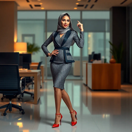 elegant Arab woman, professional attire, modern workplace, high heels, Middle Eastern influence, contemporary art style, intricate patterns, vibrant color palette, soft ambient lighting, cultural expression, dynamic posing, delicate textiles, confidence, empowerment, sophistication, grace, diverse cultural representation, cultural fusion, impressionism influences, human form depiction, balance and harmony, dynamic office environment, elegance, poise, detailed craftwork, modernism, cultural narrative, harmonious composition, vibrant textures