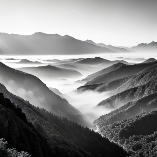 Vast, sweeping vistas of mountains and valleys, as seen from above, using warm tones and soft gradients to evoke a sense of warmth and tranquility. Influenced by the work of Ansel Adams and the Romantic Era, often plays with the tension between man-made structures and natural landscapes, with a focus on the interplay between light and shadow. Uses techniques such as aerial perspective, atmospheric perspective, and chiaroscuro to create depth and dimensionality. Subject matter includes but is not limited to the outdoors, natural formations, and human impact on the environment. 