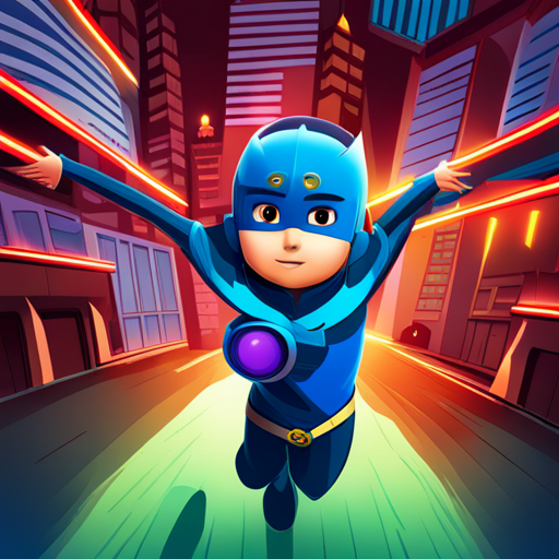 animated characters, children's television show, superhero, PJ Masks, cartoons, vibrant colors, action-packed, comic book style, dynamic poses, energetic, exaggerated expressions, adventurous, stylized animation