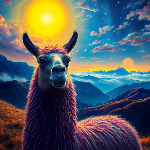 mystical llama, Salvador Dalí, surreal landscapes, vibrant colors, flowing textures, ethereal glow, fantastic realism, imaginative creativity, otherworldly ambiance, enchanted highlands, dreamlike scenery, mythical charm, dynamic composition, magical realism, cloaked in mist, detailed fur, luminous alpenglow, whimsical allure, gentle majesty, impressionistic, radiant horizon