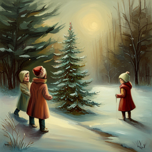 vintage, oil painting, classical, impressionism, muted colors, textured brushstrokes, 19th century, romanticism, traditional, natural lighting, landscape, nostalgia, delicate, thick paint, expressive, European, atmospheric, serene, rustic, aged, soft edges, Winter Children under a Christmas Tree Painting, classic