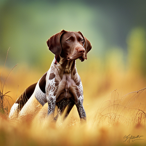 German Shorthair Pointer, Hunting Dogs, nature, outdoor photography, animal behavior, point, prey drive, breeds, wild game, bird hunting, scent, tracking, camouflaged, agility, trained, field trial, energetic, athletic, muscular, intelligent, sporting dogs, gundogs, pointers, hunting equipment, action shots, hunting techniques, wildlife, hunting season, hunting gear, hunting scenery, stamina, speed, majestic, natural reserve, golden hour light, deep brown coat, rule of thirds, movement, defocused background, green tones, yellow tones, visible texture, ears, spot markings, high level of detail, essence of the breed