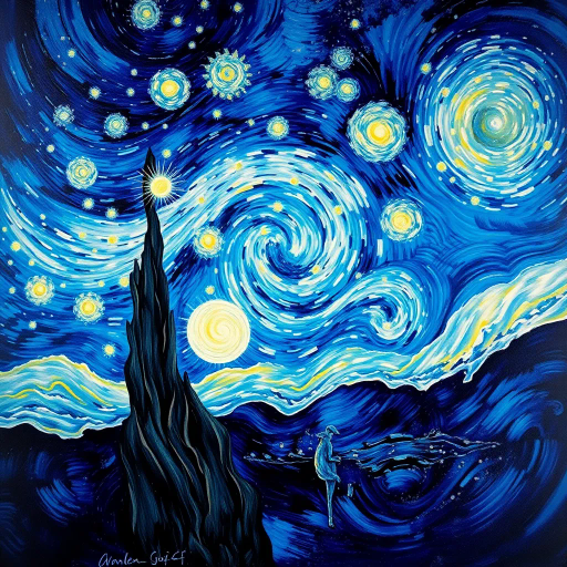 celestial entities, cosmic dance, Vincent Van Gogh influence, swirling galaxies, ethereal glow, deep indigos, golden accents, mystical aura, night sky splendor, dreamlike fantasy, surrealism, astral patterns, infinite space, starscape, luminous bodies, impressionistic touches, celestial harmony, vast universe, twinkling lights, stardust trails