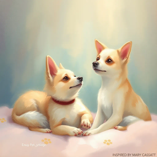 whimsical pet depiction, serene atmosphere, pastel colors, inspired by Mary Cassatt, intricate linework, soft focus, playful animals, ambient lighting, cozy environment, impressionistic influence, gentle textures, emotional warmth, intimate framing, dynamic composition, artistic brushstrokes, gentle shadows, harmonious balance, life-like contrast, soothing palette, emotive storytelling, subtle depth, soft gradients