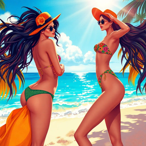 elegant ladies, vibrant bikinis, sunlit beaches, surreal lighting, impressionist techniques, flowing forms, saturated colors, dynamic compositions, Gustav Klimt, tropical ambiance, summer essence, playful and carefree mood, vibrant energy, contemporary flair, oceanic hues, shimmering textures, warm radiance, intricate patterns, modernistic approach, artistic femininity, fluid movement, dreamlike setting, bold contrasts, joyful expression, exotic influences, fashion illustration, max detail, symmetric balance