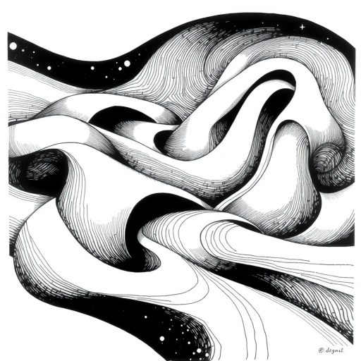 geometric shapes, intricate patterns, flowing lines, minimalist design, abstract expression, monochrome palette, dynamic movement, M.C. Escher influence, precise detailing, linear perspective, conceptual exploration, visual harmony, contour emphasis, spatial depth, contemporary influence, surreal geometry, optical illusion, mathematical artistry, avant-garde composition, abstract forms, pen and ink medium, black and white contrast, intersecting lines, detailed tessellation, fluid dynamics, rhythmic patterns, creative geometry, fine linework, subtle gradients, modern abstraction, artistic innovation, interlocking forms, infinite loops, Escherian landscapes, artistic paradox