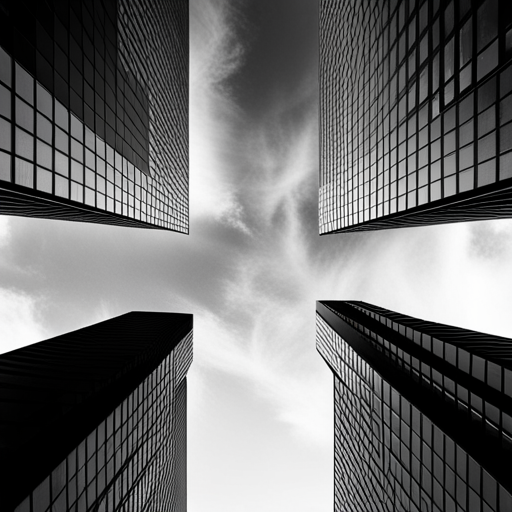 Cinematic skies, urban landscapes, geometric shapes, black and white, symmetry, minimalism