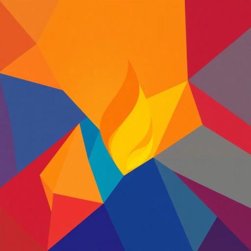 minimalistic, geometric shapes, vibrant colors, soft gradients, angular design, polygonal abstraction, abstract flame, warm palette, glowing effect, simplified forms, modern aesthetic, flat shading, contrasting hues, visual balance, dynamic composition, contemporary art, clean lines, symbolic warmth, ethereal glow, luminous intensity, stylized representation, Kandinsky influences, Bauhaus geometry, radiant ambiance, light interplay, serene energy, artistic refinement, crystalline textures, avant-garde fusion