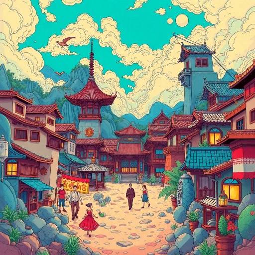 vibrant colors, dynamic composition, Studio Ghibli inspiration, detailed environments, expressive character designs, emotional depth, fantastical themes, cultural motifs, fluid motion, nostalgic atmosphere, distinctive line art, otherworldly settings, intricate detailing, magical realism, retro-futuristic elements, storytelling focus, character-driven narrative, visual storytelling, imaginative landscapes, enchanting creatures