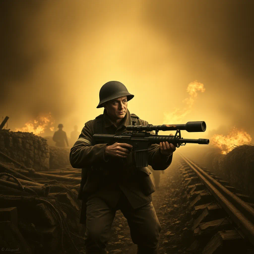 WW1, flamethrower soldier, historical drama, vibrant realism, chiaroscuro lighting, dynamic composition, sepia tones, gritty textures, oil painting influences, military warfare, intense emotion, soldier's resolve, heart of battle, smoke and fire, dramatic perspective, visceral movement, cultural turmoil, industrial warfare, early 20th century, intricate detail, war-torn landscape, heroism, harrowing atmosphere, somber mood, historical narrative, Rembrandtian shadows, impressionistic brushwork, atmospheric haze