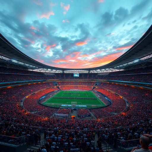 majestic, football stadium, panoramic view, vibrant energy, modern architecture, vast crowd, immersive atmosphere, dynamic lighting, vivid colors, iconic sports venue, dramatic sky, high-detailed textures, lively movement, cultural spectacle, wide-angle perspective, epic scale, contemporary design, exhilarating moment, sporting tradition, architectural grandeur
